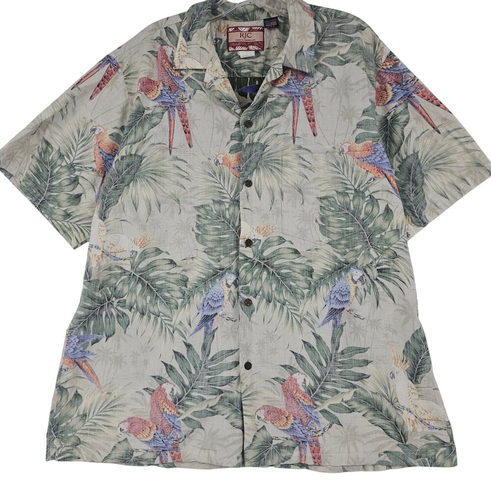 Vintage RJC Multicolor Tropical Parrots Palm Trees Aloha Hawaiian Shirt XL USA